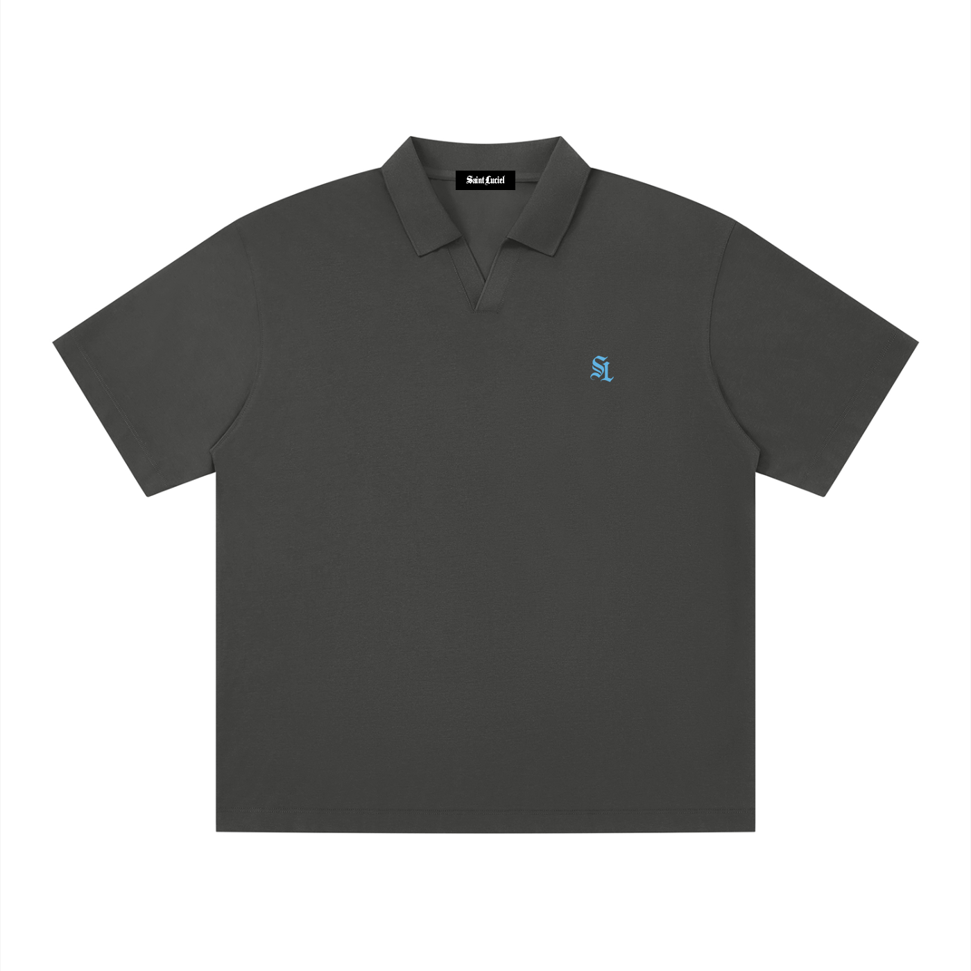 Saint Luciel Men's Drop Shoulder Polo Shirt (Dark Gray/Light Blue)
