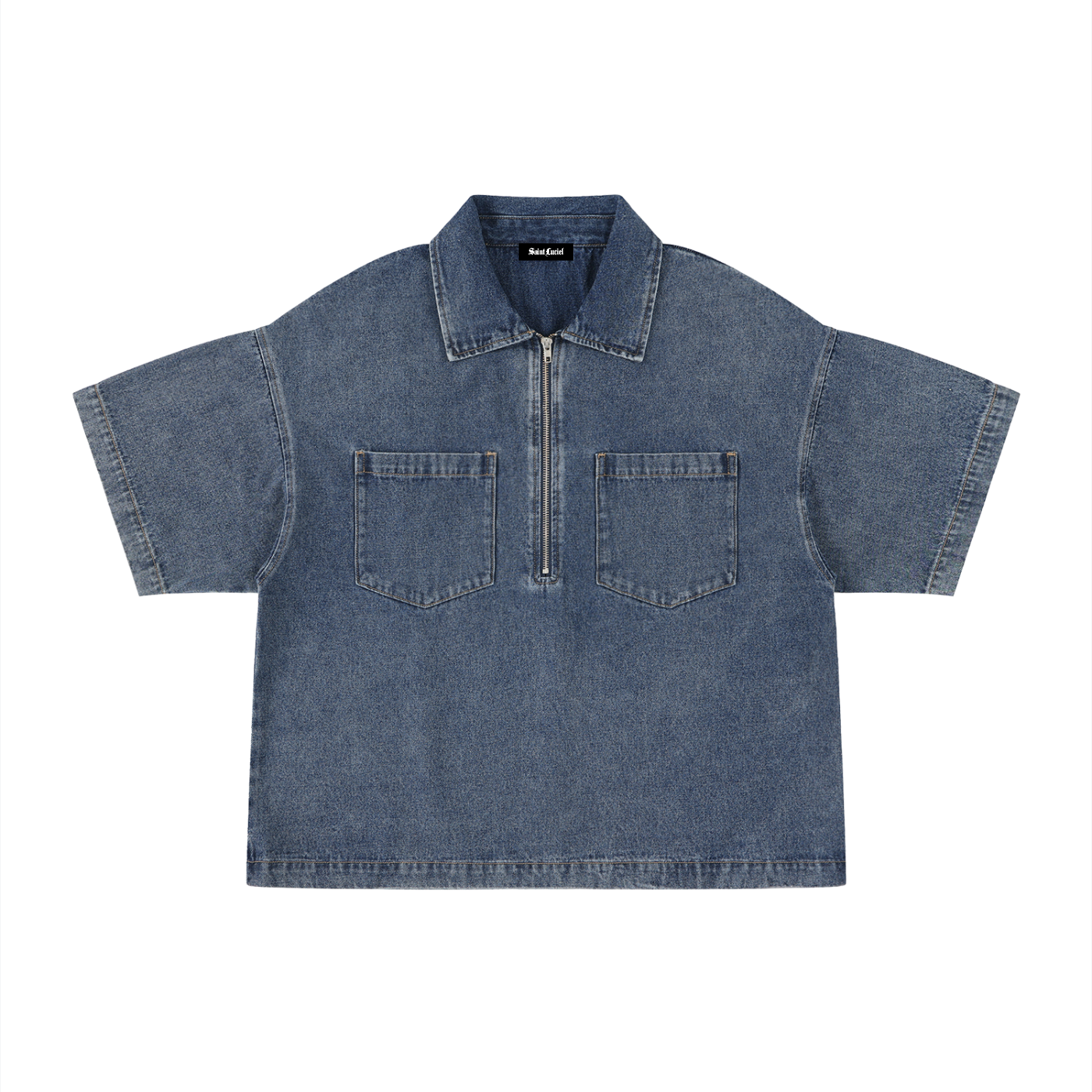 Saint Luciel Vintage Wash Boxy Quarter-Zip Denim Shirt