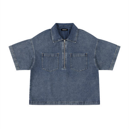 Saint Luciel Vintage Wash Boxy Quarter-Zip Denim Shirt