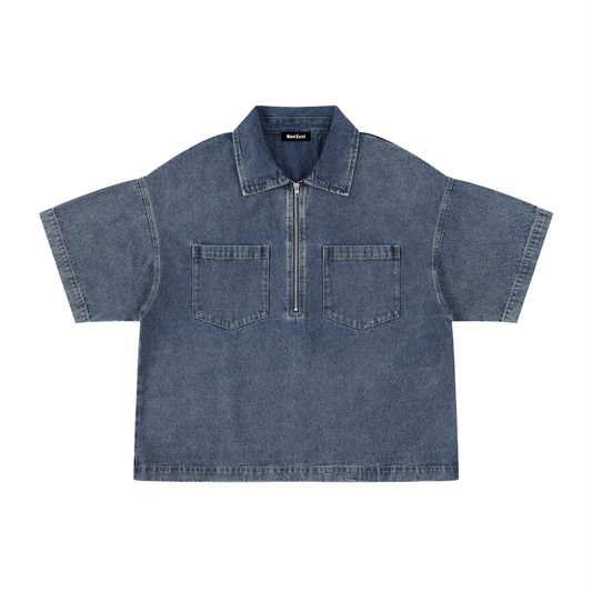 Saint Luciel Vintage Wash Boxy Quarter-Zip Denim Shirt
