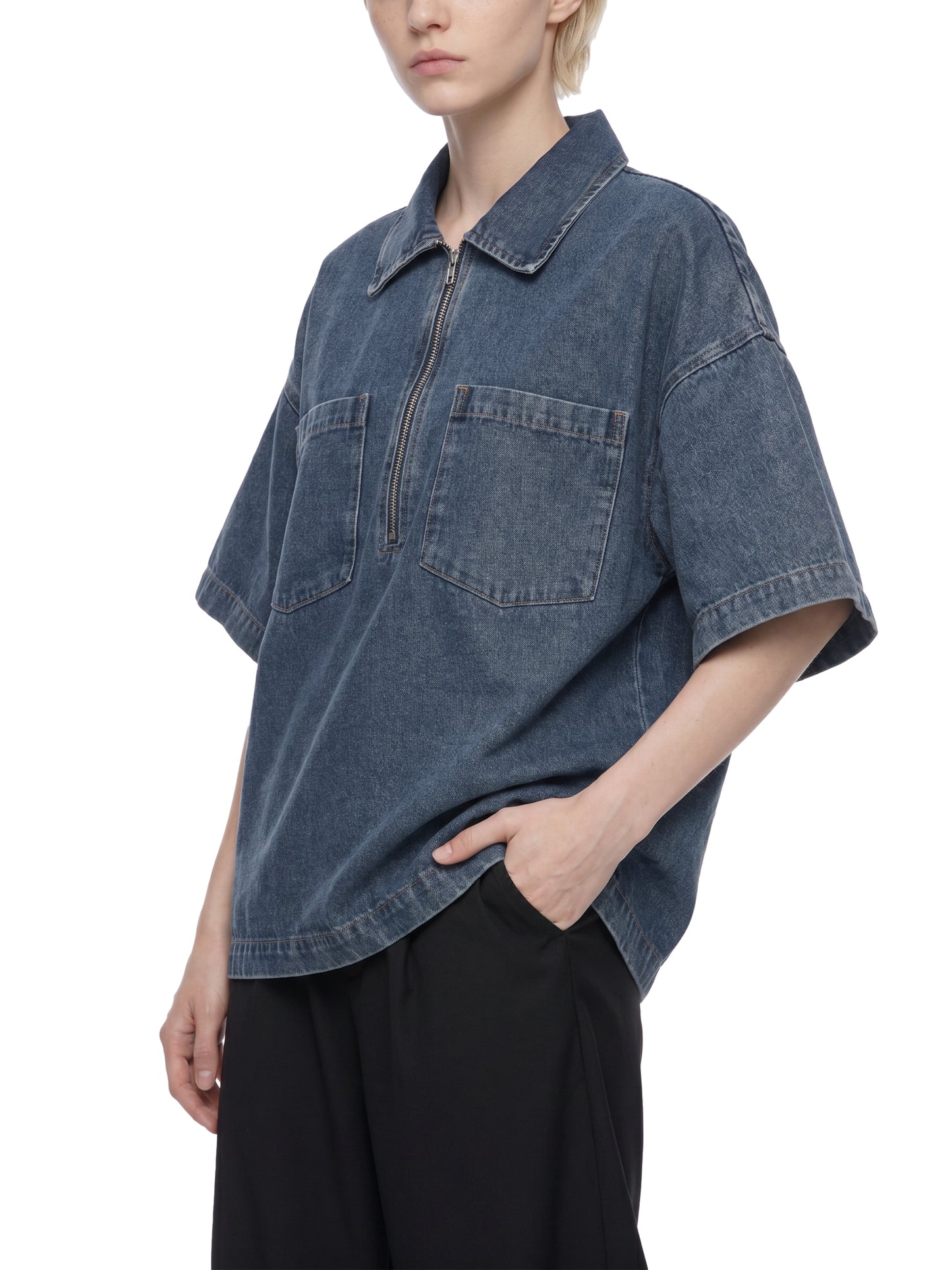 Saint Luciel Vintage Wash Boxy Quarter-Zip Denim Shirt