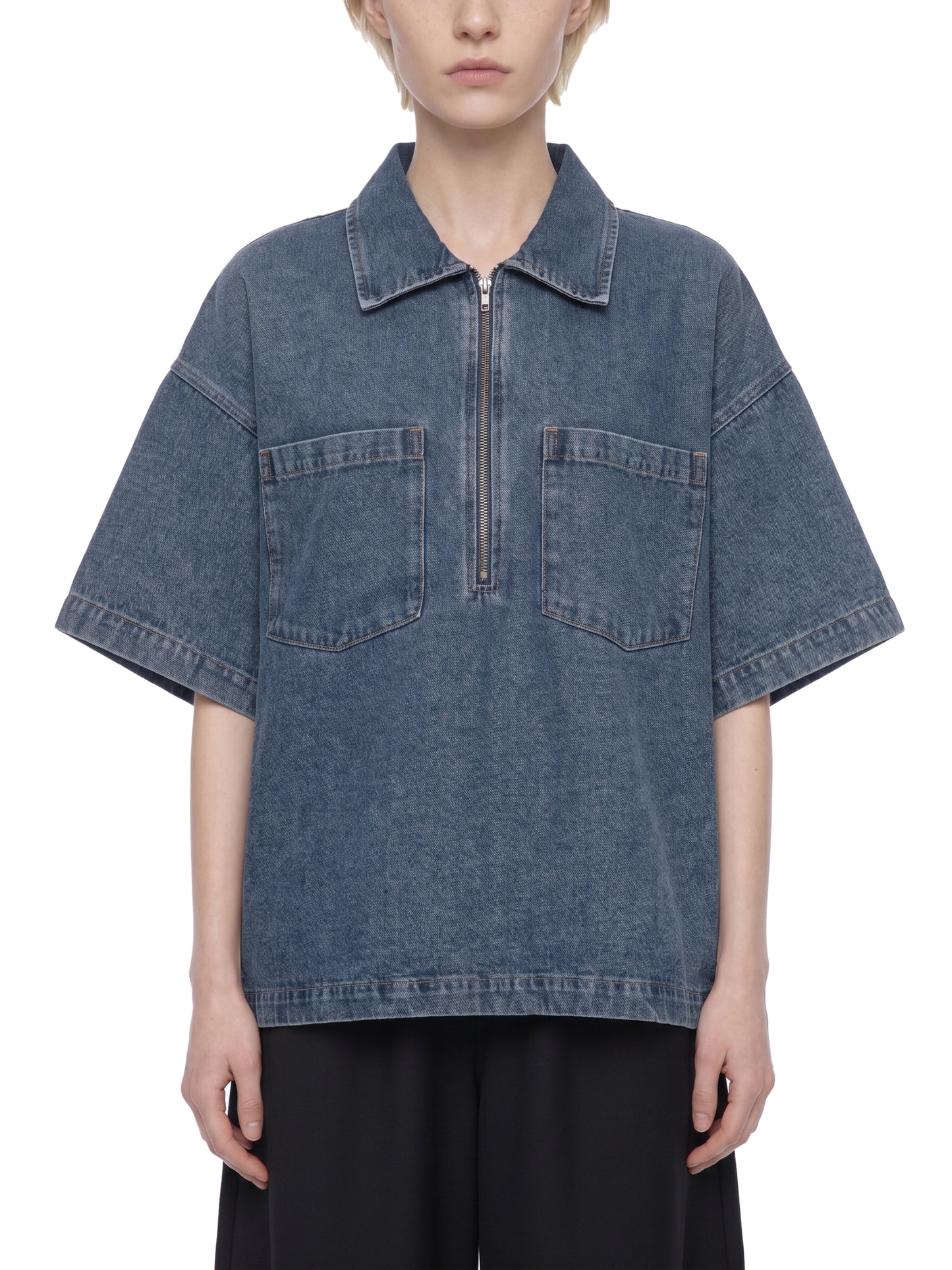 Saint Luciel Vintage Wash Boxy Quarter-Zip Denim Shirt