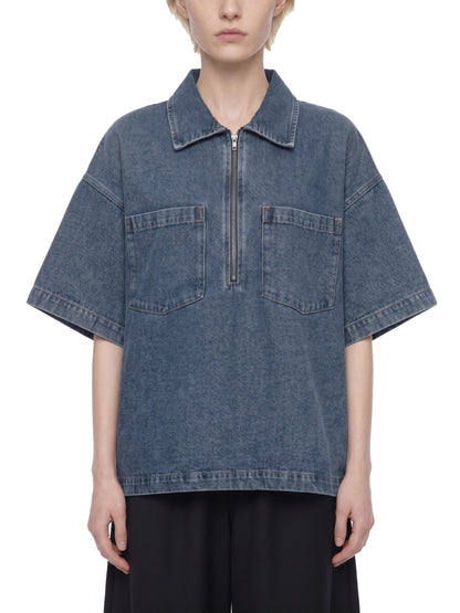 Saint Luciel Vintage Wash Boxy Quarter-Zip Denim Shirt